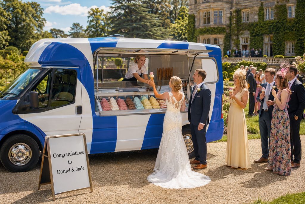 Bride getting ice cream from a Gelato Italia van at her wedding
